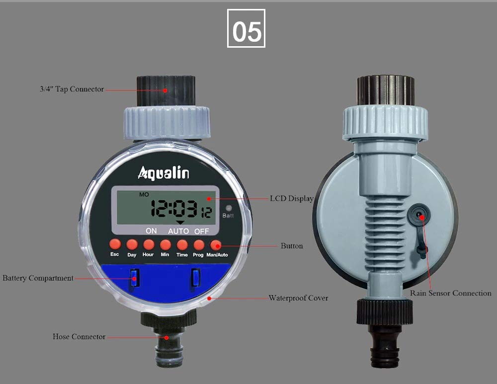 aqualin automatic ball valve garden drip irrigation timer with lcd display with rain sensor port | universal tap adapter | fully automatic | batteries included