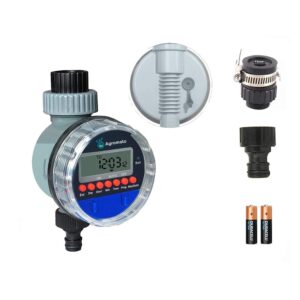aqualin automatic ball valve garden drip irrigation timer with lcd display with rain sensor port | universal tap adapter | fully automatic | batteries included