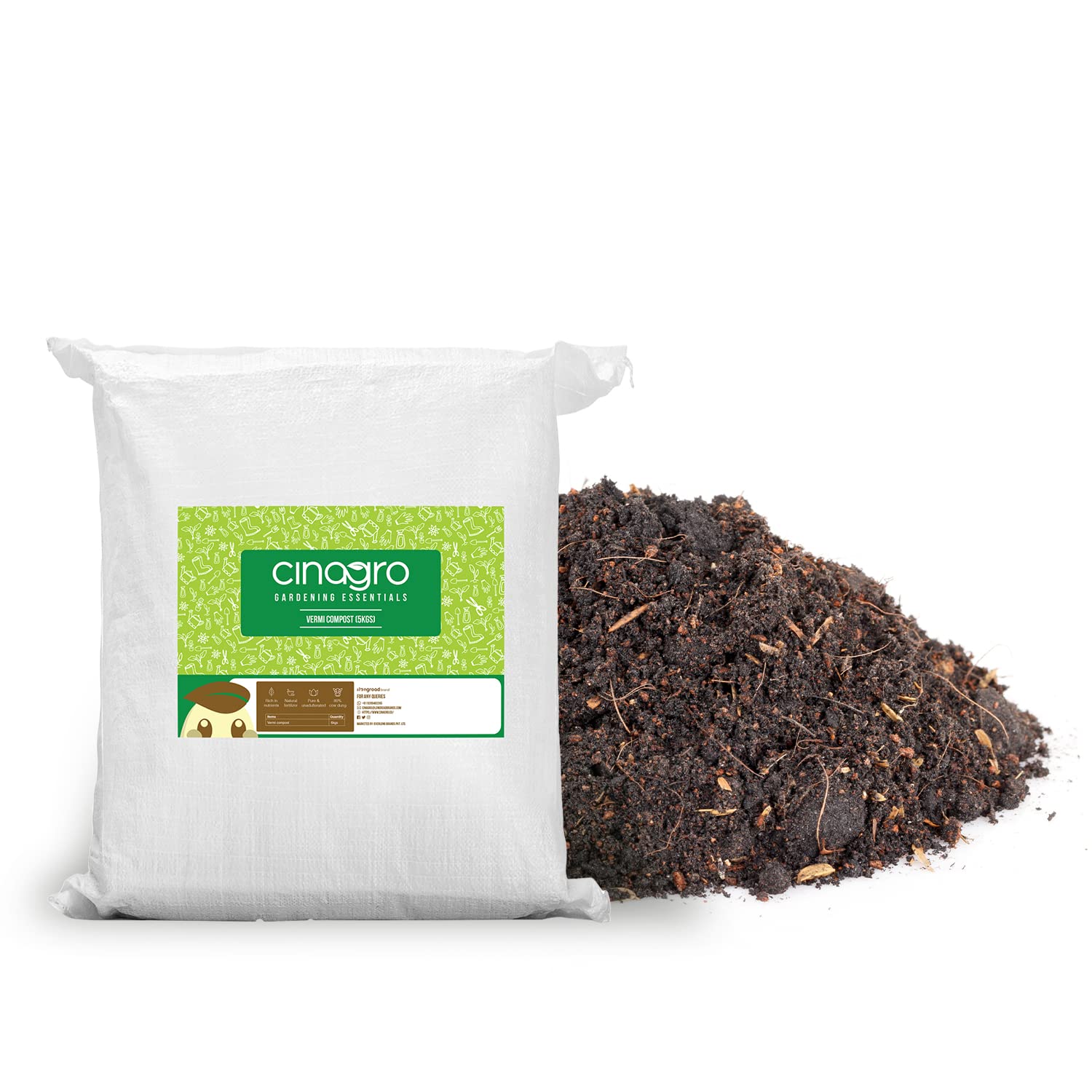 cinagro cowdung fortified vermicompost for indoor, outdoor plants | 100% natural & organic growth booster fertilizer | nutrient rich (5 kgs)