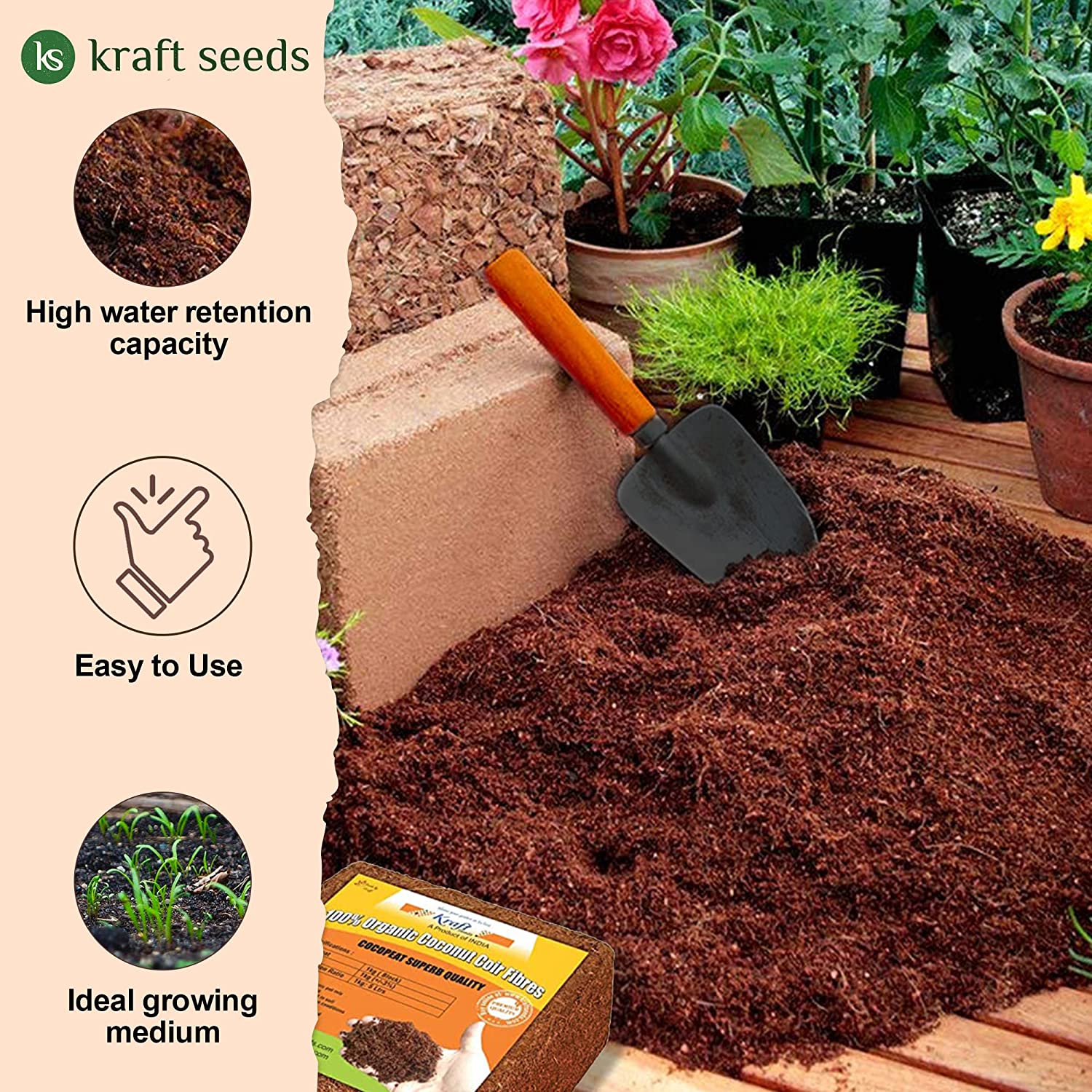 kraft seeds cocopeat for garden 1kg block | expands upto 5 kg spectacular quality coco peat powder 100% natural eco friendly
