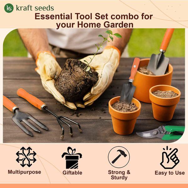 kraft seeds 7pcs durable and essential garden hand tool kit for home (hand cultivator, hand fork, big trowel, small trowel, weeder, garden hand gloves, pruner) | heavy duty all purpose rust resistant