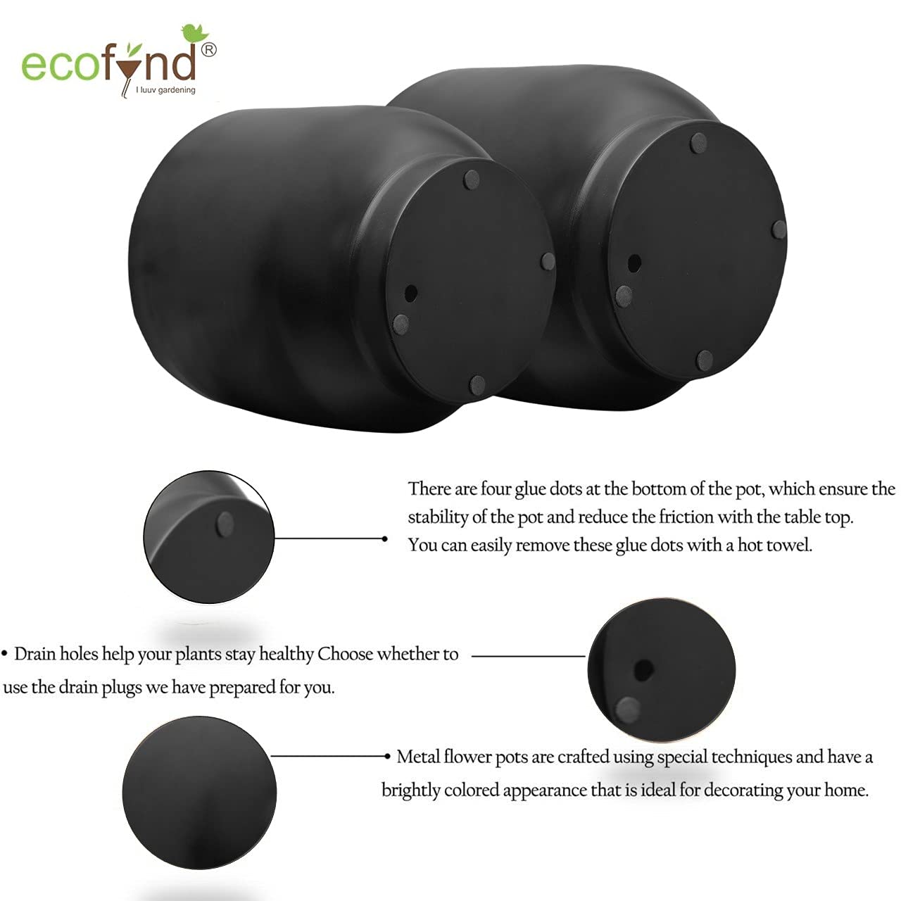 2 pack | ecofynd eva metal plant pots (8 inch, 9 inch) | indoor planter flower pots with drainage hole | home garden decor planter for living room bedroom interior (black finish)