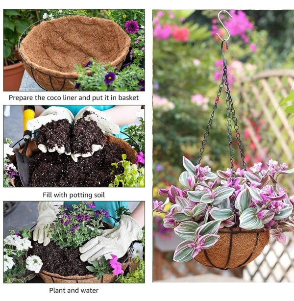ecopal plastic coir hanging basket 8 inch pack of 5 (21 cm) metal hanging planter basket with coco coir liner and chain garden decoration for indoor outdoor