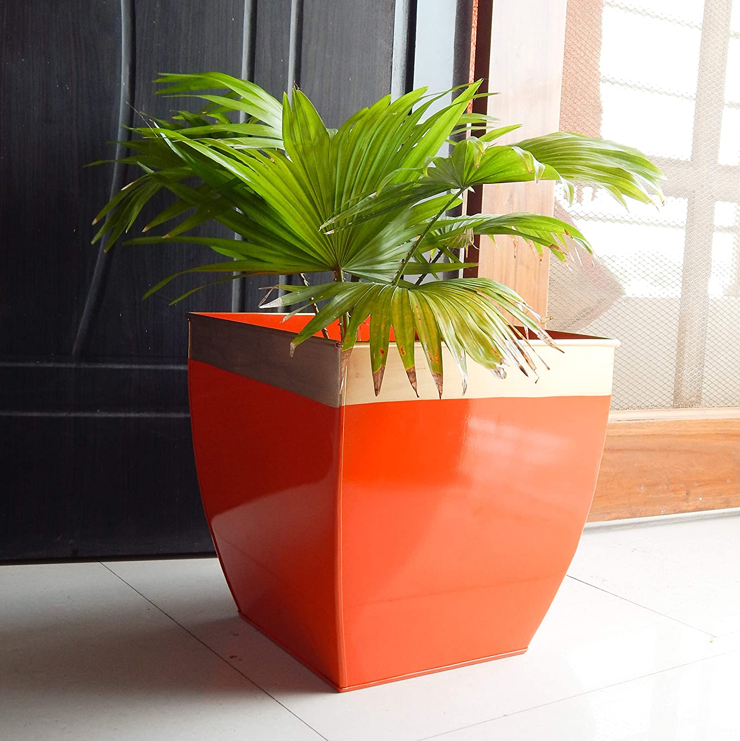 ecofynd 12 inches midland metal planter | indoor outdoor balcony tapered plant pot | home garden office flowering container cover, orange, pack of 2