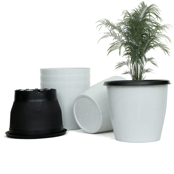 livzing 10 inch self watering planter pots plastic,virgin plastic pots for plants,modern plant pot,outer colored pot and inner black pot,flower pots for indoor/outdoor/balcony,white pack of 5